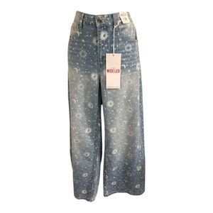 Blue Celestial print wide leg high rise whiskered denim jeans size‎ 7/28 new